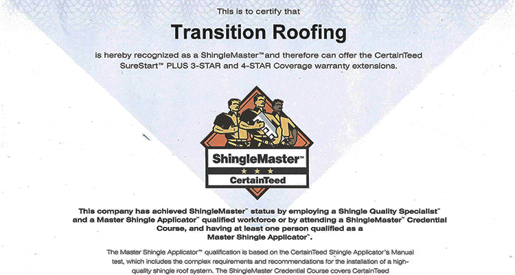 transition roofing shingle master certificate 