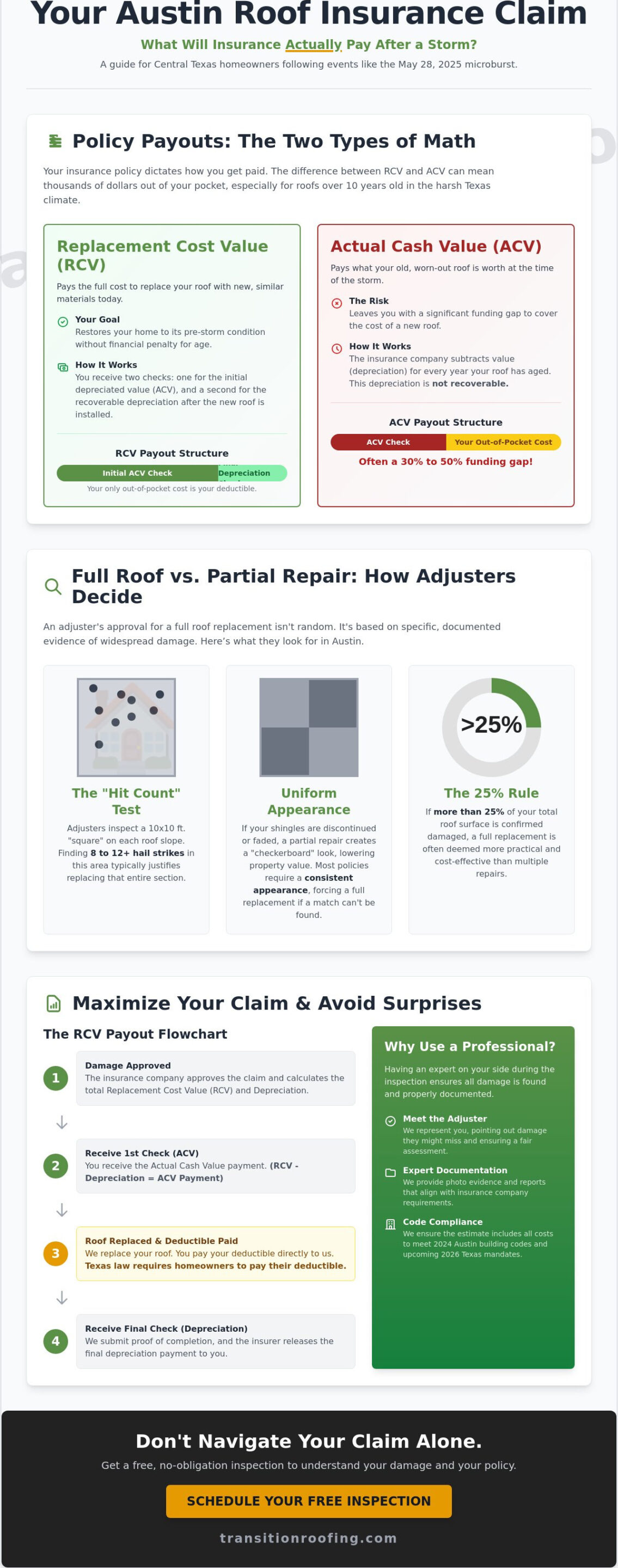 What Will Insurance Actually Pay? Full Roof vs. Partial and ACV vs. RCV in Austin, TX